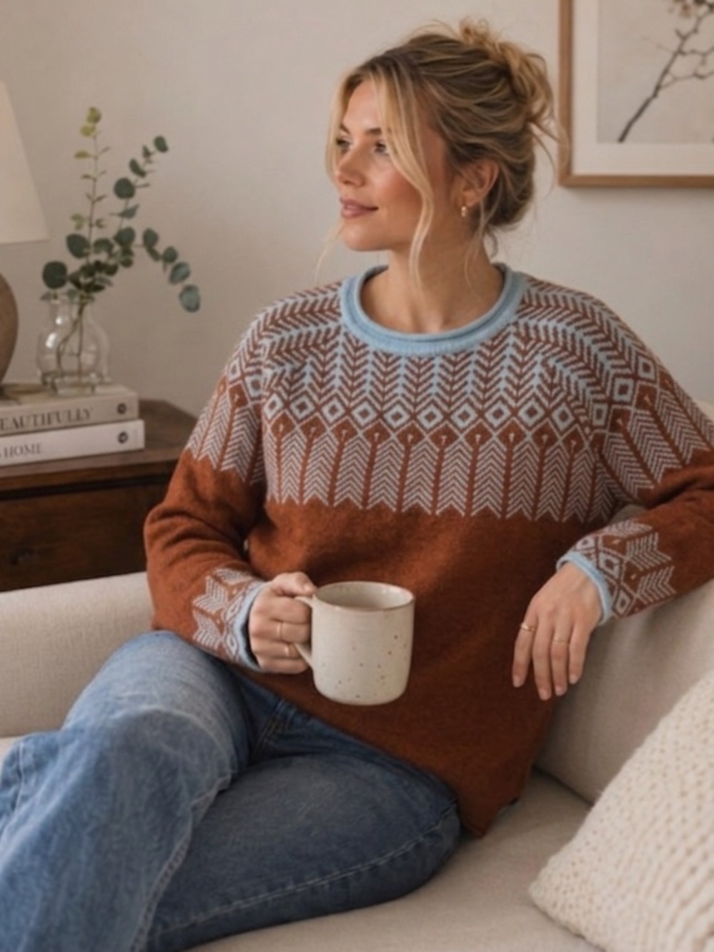 Fair Isle Knit Sweater Nordic Rustic Cozy Vintage Cabin Blue Brown Size Small